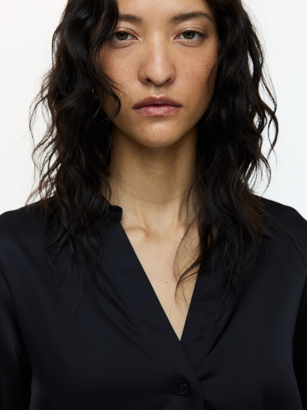 H&M Silky 70s Style Tuxedo Plunging V Classic Black Button-Up Blouse